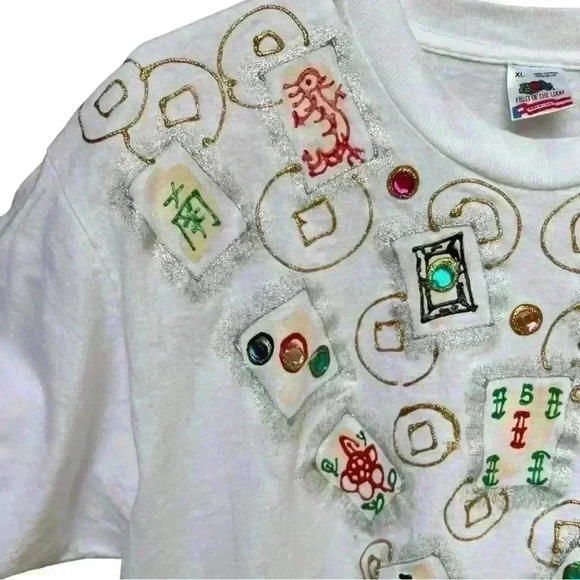 Vintage 80s 90s Bedazzled Handmade Oversized Mahjong Tee T shirt XL - Picture 3 of 10